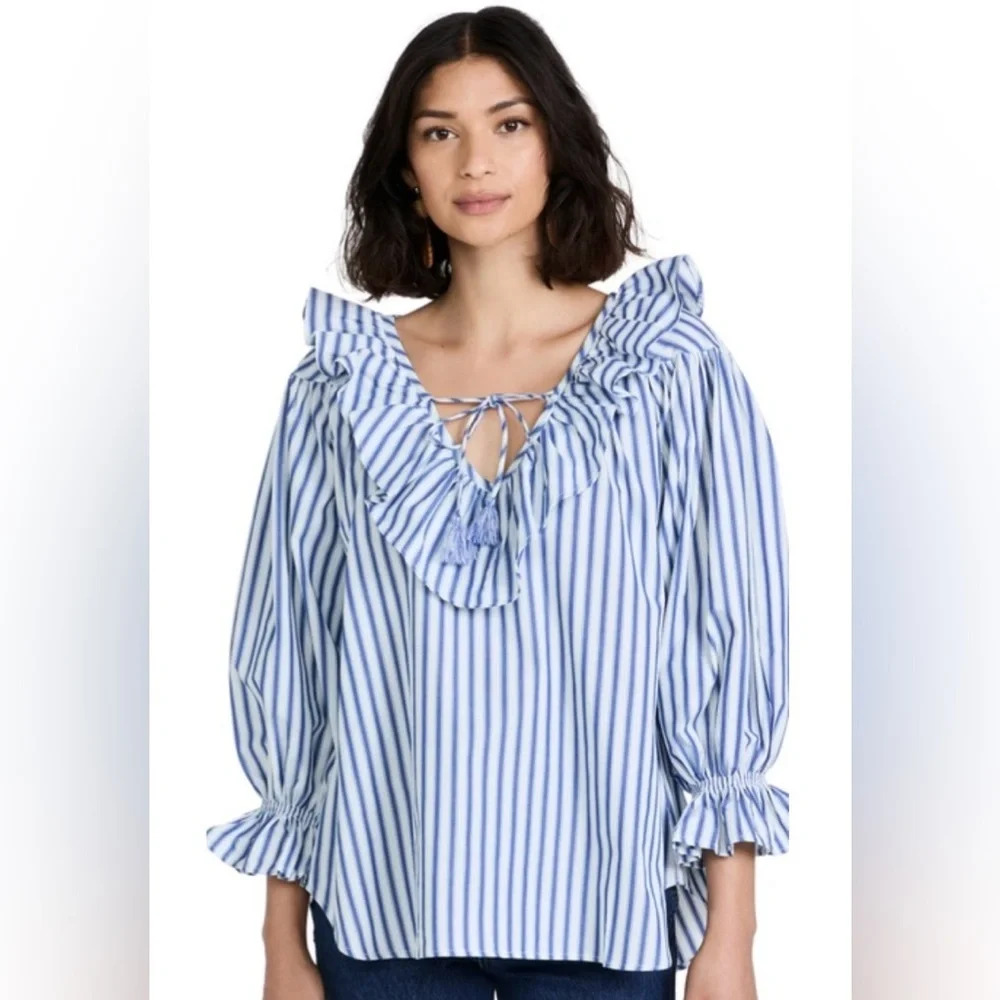 Mille May Ruffle Stripe Cotton Blouse In Blue Stripe Marine XS